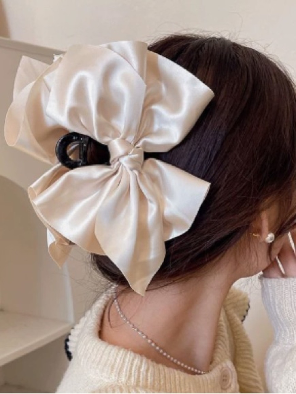 Cream Satin Bow Hair Clip for Women
